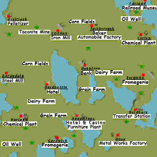 Shows the towns and industries.